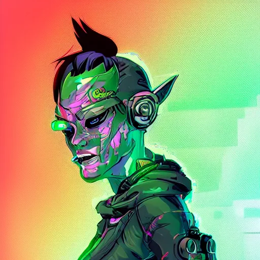 Prompt: cyberpunk woman oni, high camera angle, in the graphic style of Matt Sanz and DC Comics, hyper detailed, trending on artstation, green glow