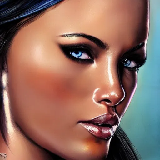 Image similar to closeup of a beautiful brown - skin woman with blue - within - blue eyes of, intricate, elegant, highly detailed, smooth, sharp focus, full body, detailed face, high contrast, art by ardian syaf,