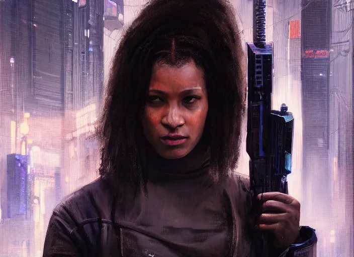 Image similar to Maria igwe. Cyberpunk female hacker wearing stealth suit hiding from police patrol (blade runner 2049, cyberpunk 2077). Orientalist portrait by john william waterhouse and James Gurney and Theodore Ralli and Nasreddine Dinet, oil on canvas. Cinematic, hyper realism, realistic proportions, dramatic lighting, high detail 4k