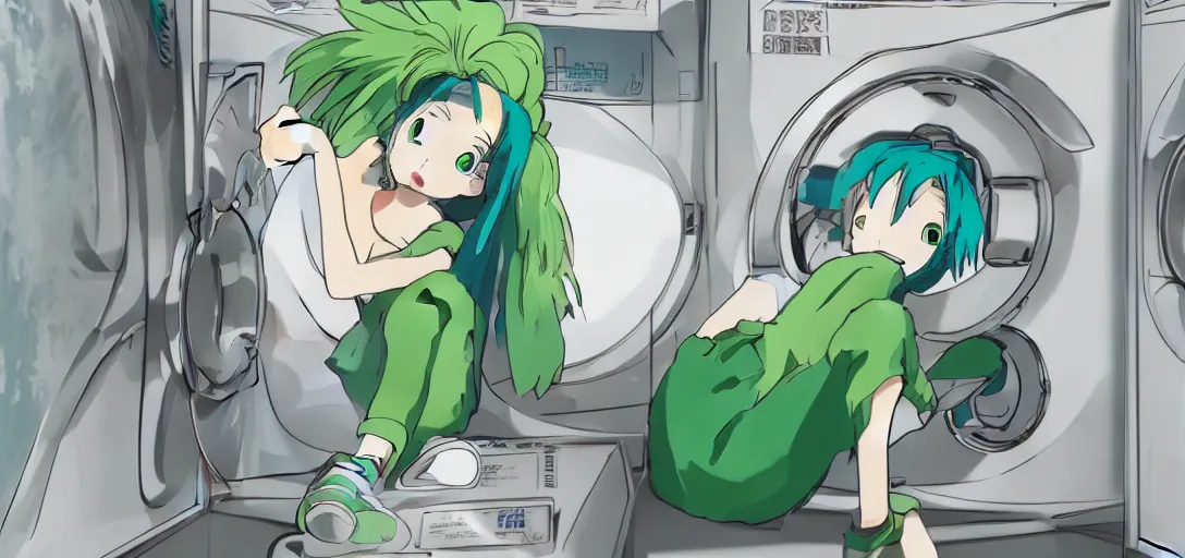 Image similar to a girl with green hair sitting on top of a washing machine inside of a laundromat by Hayao Miyazaki, anime style