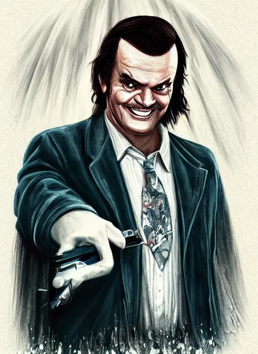 Prompt: young jack nicholson as jack torrance from the shining ( 1 9 8 0 ) portrait illustrated by rossdraws, vivid colors, soft lighting, digital artwork 4 k, best of artstation