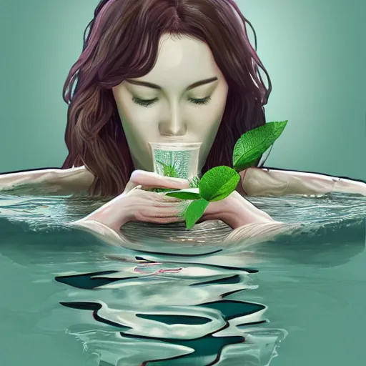 Image similar to woman bathing in green tea, trending on artstation