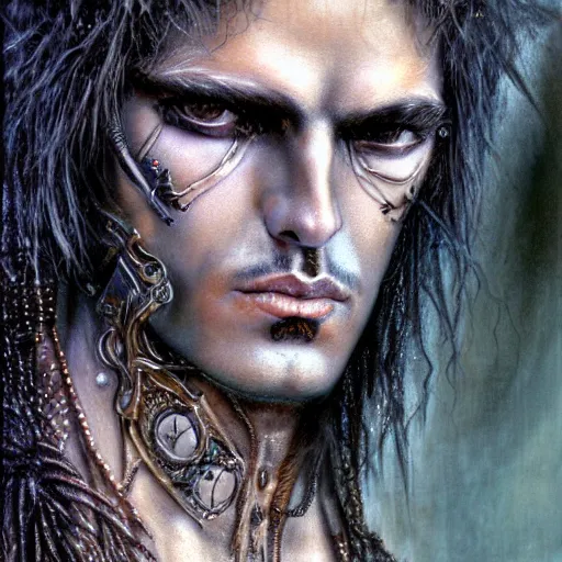 Prompt: an award finning closeup facial portrait by luis royo and john howe of a bohemian male cyberpunk traveller clothed in excessively fashionable 8 0 s haute couture fashion and wearing ornate art nouveau body paint