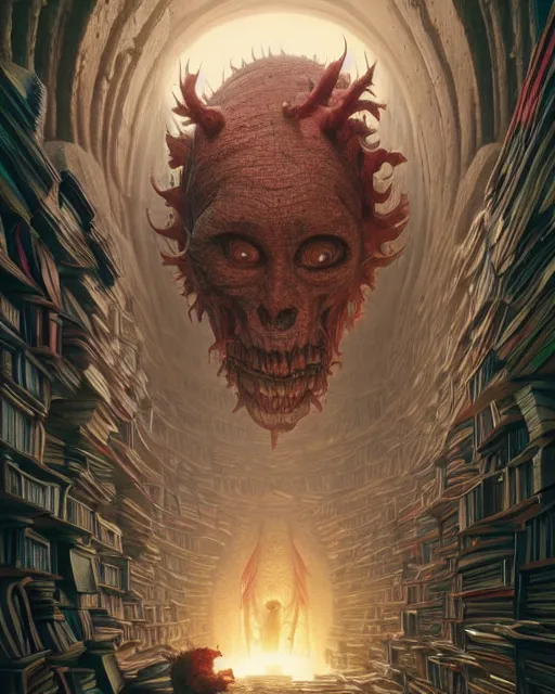 Image similar to highly detailed surreal vfx portrait of a creepy monster in a catacomb of books, stephen bliss, unreal engine, greg rutkowski, loish, rhads, beeple, makoto shinkai and lois van baarle, ilya kuvshinov, rossdraws, tom bagshaw, alphonse mucha, global illumination, detailed and intricate environment