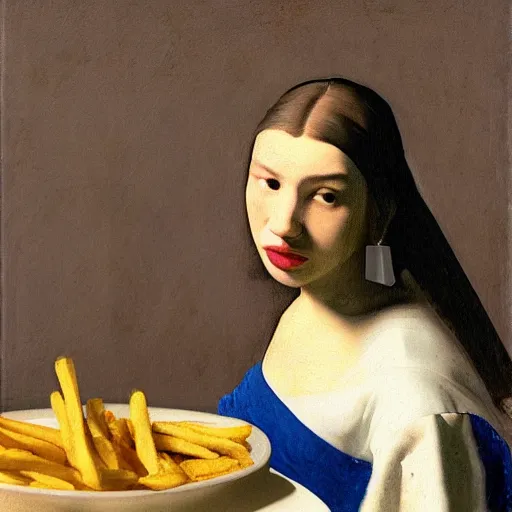 Prompt: dua lipa eating too many fries, johannes vermeer, ultra detailed, ultra realistic