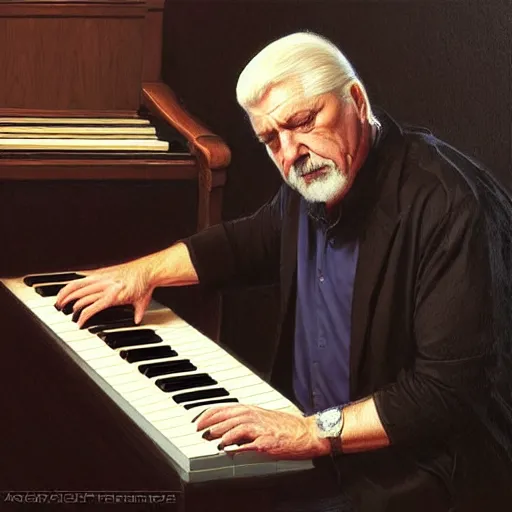 Image similar to a portrait of jon lord of deep purple playing his organ, urban motifs, intricate, elegant, highly detailed, digital painting, trending on artstation, concept art, smooth sharp focus, illustration, art by artgerm and greg rutkowski