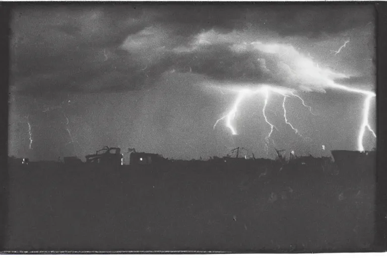 Image similar to dark old polaroid of an ufo flying above an destroyed city during a thunderstorm, pictorialism, fallout, desolate, wide angle, award winning