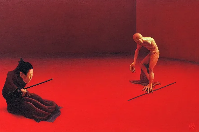 Image similar to only with red, a red samurai do seppuku, tokio, a lot of frogs watch, in the style of beksinski, parts by edward hopper, parts by rodcenko, parts by yue minjun, intricate and epic composition, red by caravaggio, insanely quality, highly detailed, masterpiece, red light, artstation, 4 k