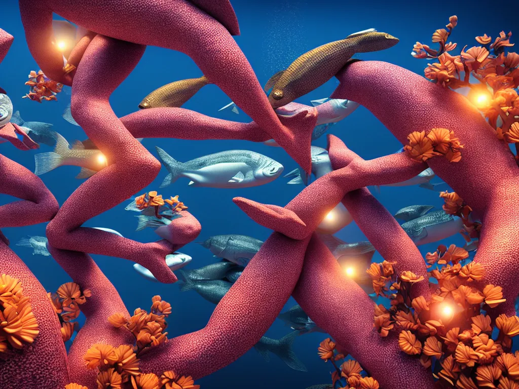 Prompt: a sculpture of fish group ocean intertwined, diode lighting, a lovely cornucopia of flowers and human body parts, body parts, highly detailed, octane render, cinematic, sharp focus, clean, studio lighting, sunset