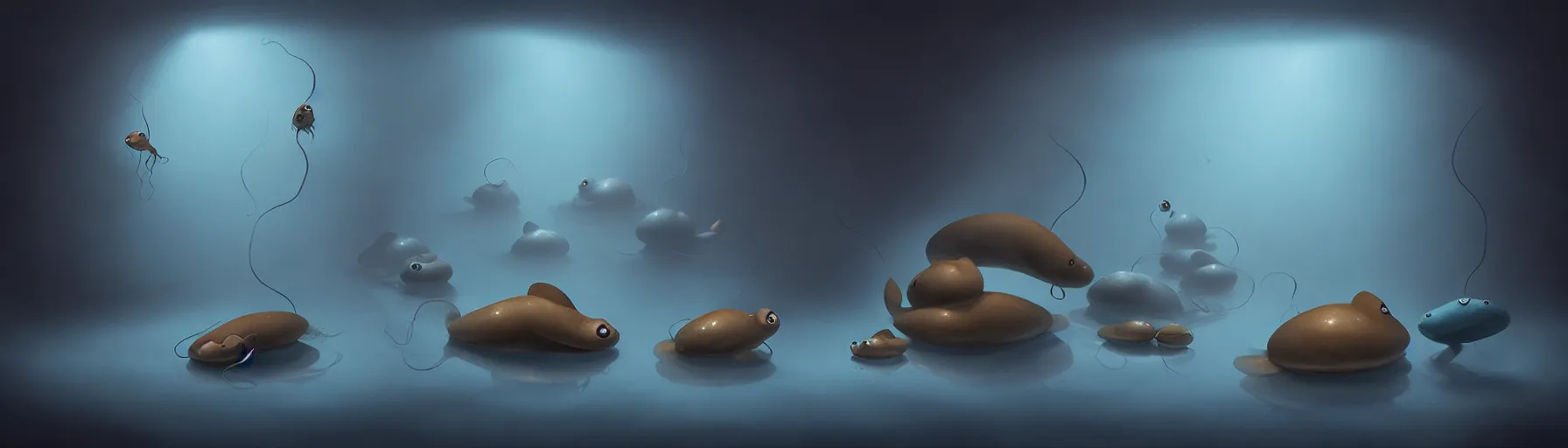 Image similar to whimsical tadpole creatures shaped like yinyangs from the depths of the collective unconscious, dramatic lighting, surreal darkly painting by ronny khalil