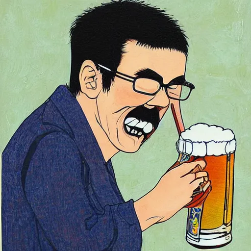 Image similar to a man happily drinks beer, art created by Kimitake Yoshioka.