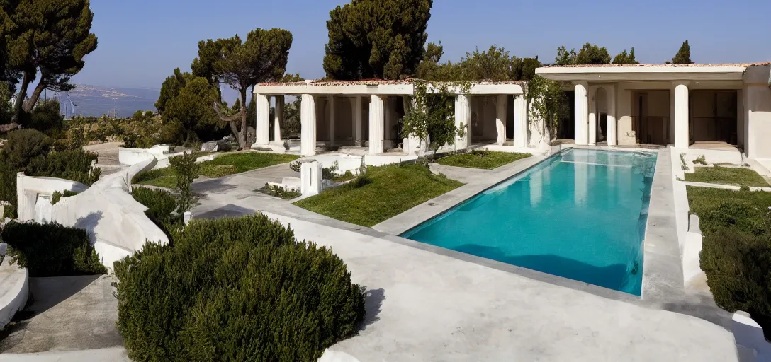 Prompt: greek classical house designed by ictinus and callicrates. roman pool outside. built in 1 9 5 9 in santa monica