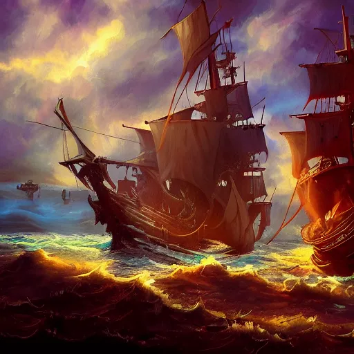 Prompt: undead pirates sailing the flying dutchman, beautiful composition, wide angle, colorful, cinematic, volumetric lighting, intricate details painting