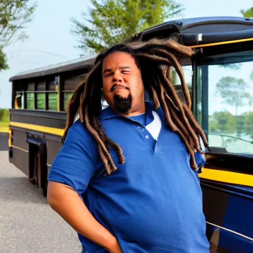 Image similar to overweight african american male school bus driver with dreads, wearing shorts with chubby legs, big moe, symmetric face, photo, posing in front of schoolbus