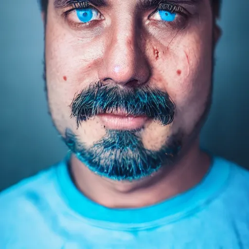 Image similar to fish eye lens close up photograph of a man with blue skin and a goatee side eyeing the camera with a sympathetic look