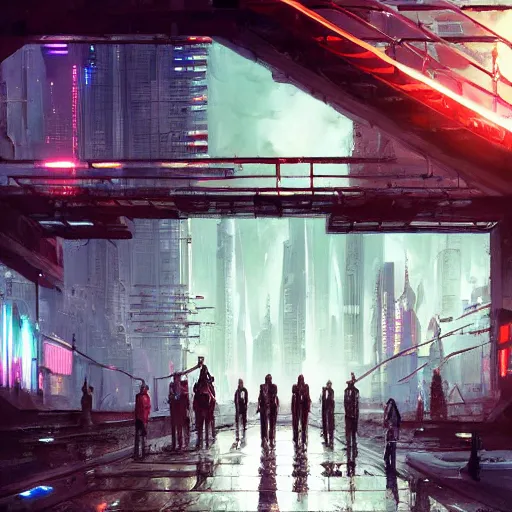 Image similar to entrance to a cyberpunk city, megastructures, complimentary contrast, dramatic lighting, gorgeous view, depth, painted by stanley lau, painted by greg rutkowski, painted by stanley artgerm, digital art, trending on artstation