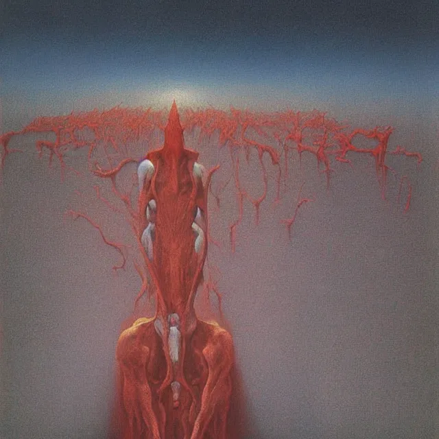 Image similar to cruel Beast of Judgement apocalyptical vision by zdzisław beksiński, oil painting award winning, chromatic aberration stark bright colors fear not