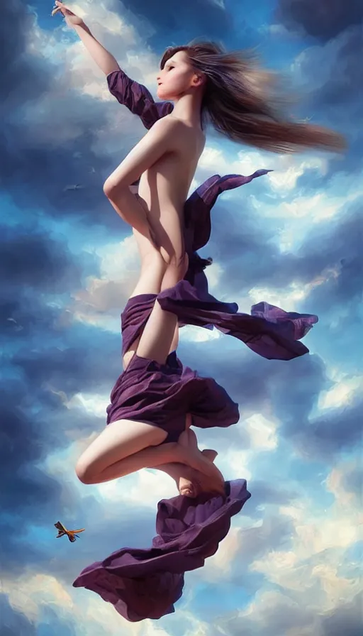 Image similar to photo of a gorgeous young girl flying, searching for eternity in the style of stefan kostic, realistic, sharp focus, 8k high definition, high fashion, vogue, insanely detailed, intricate, elegant, art by stanley lau and artgerm, sigma 85mm art