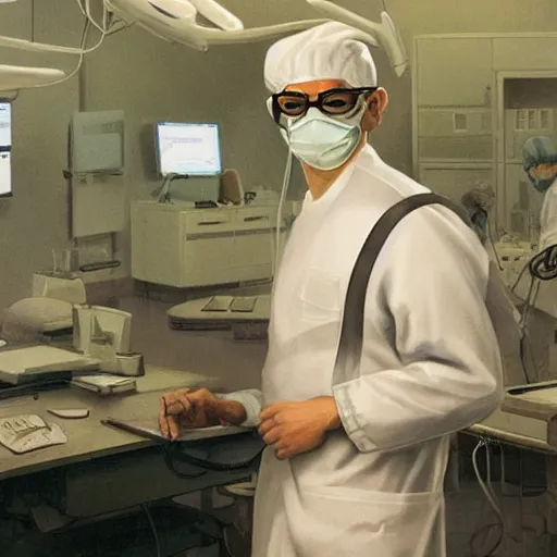 Prompt: A mixed media painting of a surgeon standing in an operating room, surrounded by new technology, infused with lightning, very aesthetic, curvy, surgical mask covering face, surgical gown and scrubs on, by Frank Frazetta, Greg Rutkowski, Boris Vallejo, Beeple, Yoko Taro, Christian MacNevin, CGsociety, full length, exquisite detail, post-processing, masterpiece, cinematic