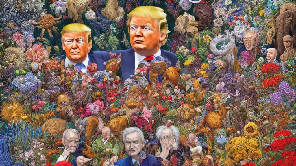 Image similar to highly detailed oil painting of donald trump surrounded by all the known species of flowers by olaf hayek, by moebius, by oliver vernon, by joseph moncada, by damon soule, by manabu ikeda, by kyle hotz, by dan mumford, by kilian eng