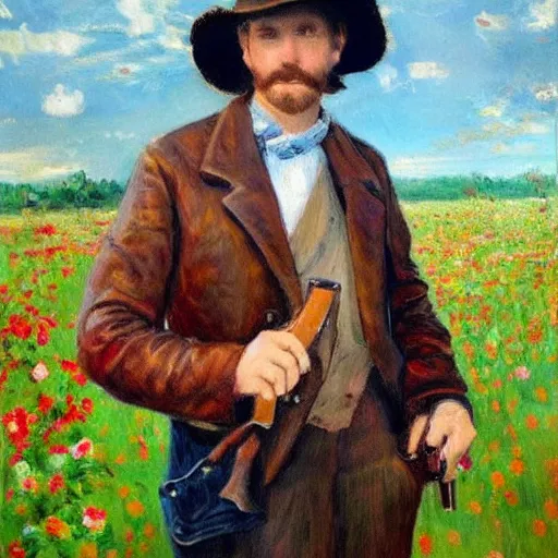 Image similar to an impressionist painting of a tall man with blue eyes and brown hair that is wearing a wide brim leather hat and a leather vest. He is holding a revolver in his left hand and a ((((red rose is in his right hand))))!!!!!!!!!!!, He is standing in a field of roses, Blue sky in the background, trending on artstation