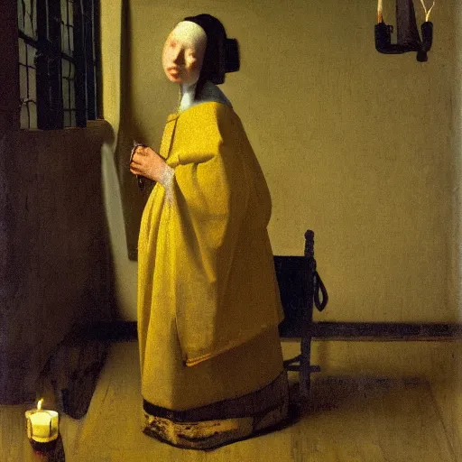 Prompt: Painting of a horse wearing peasant clothing, holding a lit candle in the dimly lit room, by Johannes Vermeer
