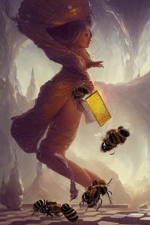 Image similar to fantasy beekeeper, stunning woman, wearing nanotech honeycomb robe, silky, surrounded by bees, futuristic, sci-fi, cinematic, wlop, greg rutkowski, peter mohrbacher