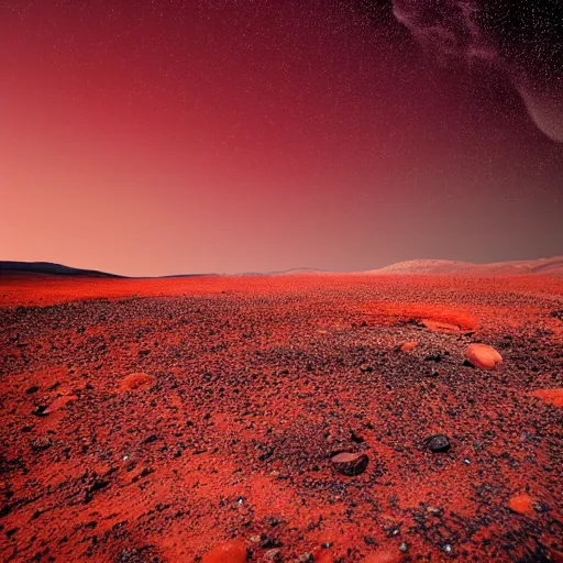 Image similar to photo taken on the surface of a rocky sandy red planet during the night that has many colorful stars visible in the night sky