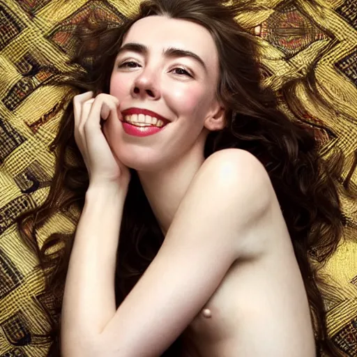 Image similar to stunning photo of dark - haired goddess vanessa kirby smiling, laying back on a pillow, with white tears running down her face, a beautiful closeup, wet lips, perfect eyes, insanely detailed, elegant, by mucha, wlop, rutkowski, livia prima