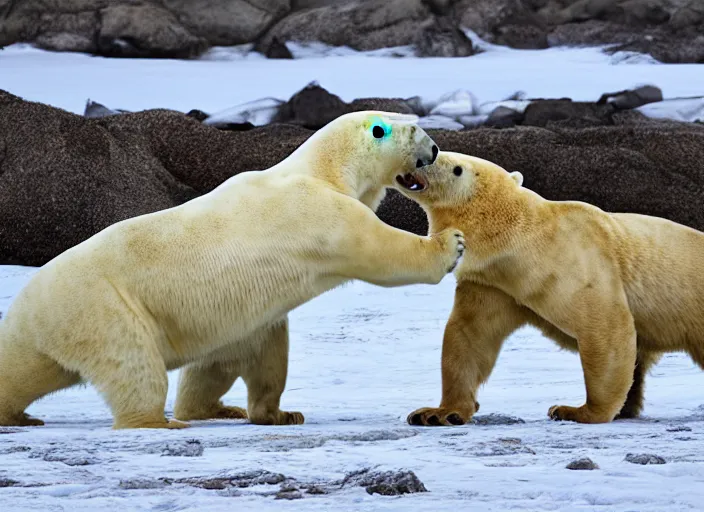 Image similar to a lion fighting a polar bear