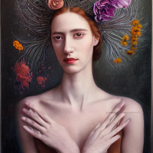Prompt: portrait of a young attractive nerdy woman in flowing sensual dress, arrogant, long fine flowing hair, delicate, looking at camera, slightly awkward smile, realistic face, hands behind back, stylish, elegant, grimdark fantasy, flowers, extremely detailed painting inspired by Gerald Brom and Ernst Haeckel and Monia Merlo, studio lighting