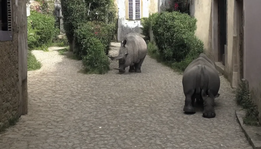 Image similar to a rhinoceros in a southern france townhouse, by mini dv camera, very low quality, heavy grain, blurry, caught on trail cam