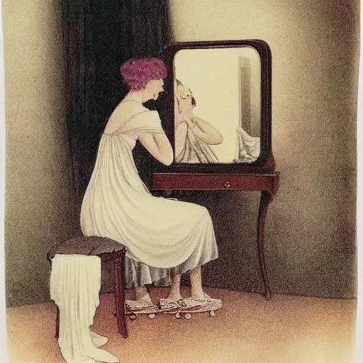 Prompt: a young woman seated at a dressing table, looking at herself in a mirror. She is wearing a white dress and a pearl necklace. Her hair is styled in a loose updo. On the table in front of her are several perfume bottles and a box of powder. dieselpunk by John Bauer