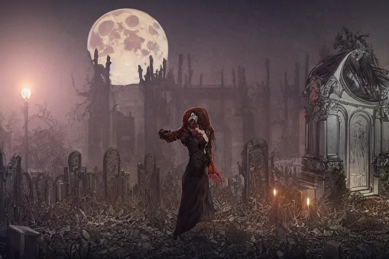 Image similar to an ultra detailed animation of a zombie hand in a graveyard at midnight on halloween, digital art, dark fantasy, concept art, soulslike, by alphonse mucha, blood moon eclipse, ruined building in the background, artstation, 8 k, unreal engine render