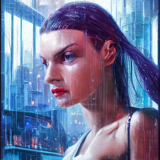 Image similar to detailed face of a woman, moment, cyberpunk cloisters, electronic billboards, tech noir, wet reflections, prism, atmospheric, ambient, pj crook, syd mead, livia prima, greg rutkowski, edward hopper