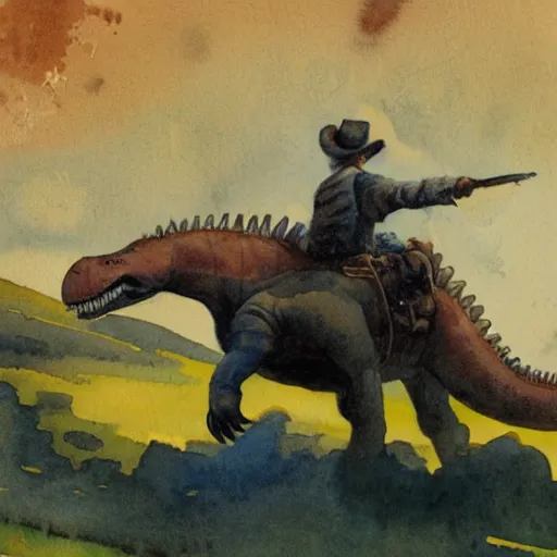 Image similar to a watercolor painting of a cowboy riding a dinosaur in the style of n. c. wyeth and in the style of james gurney.