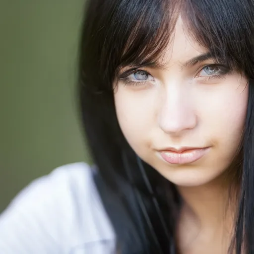 Image similar to young woman with long messy black hair, slightly smiling, 1 3 5 mm nikon portrait