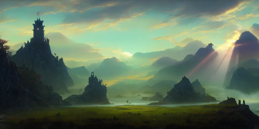 Prompt: a beautiful fantasy landscape, medieval tower, majestic, god rays, silhouette of a flock of birds in the sky, extremely detailed digital painting, in the style of fenghua zhong and ruan jia and jeremy lipking and peter mohrbacher, mystical colors, rim light, beautiful lighting, 8 k, stunning scene, raytracing, octane, trending on artstation