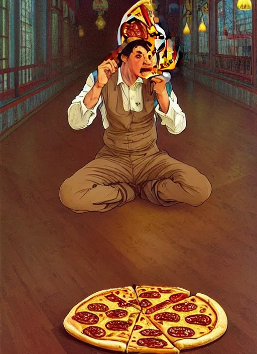 Image similar to unlucky man trips and looks in terror as he drops all the pizza on the floor, the pizza falls to the floor slice by slice, tragedy, intricate, elegant, highly detailed, lighting, painting, artstation, smooth, illustration, art by greg rutowski and alphonse mucha