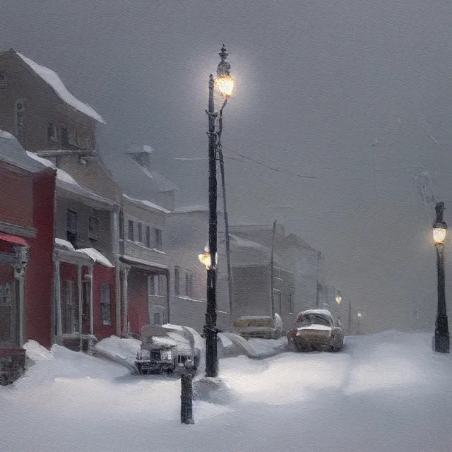 Image similar to a beautiful painting of a small new england town engulfed in a noreaster blizzard by rutkowski and rockwell, detailed, art gallery quality, cinematic lighting