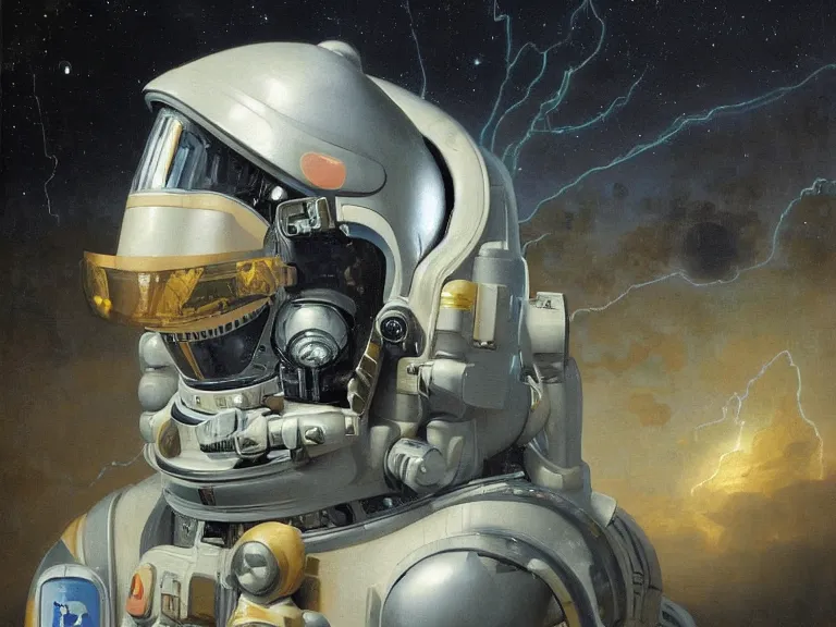 Prompt: a detailed profile oil painting of an advanced shock trooper in a spacesuit with reflective helmet, advanced technology flight suit, portrait symmetrical and science fiction theme with lightning, aurora lighting clouds and stars by beksinski carl spitzweg and tuomas korpi. baroque elements, full-length view. baroque element. intricate artwork by caravaggio. Trending on artstation. 8k