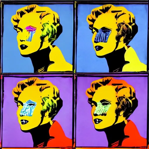 Image similar to old - style cyborg, 6 panels by andy warhol, with highly contrasted colors and an illuminating background