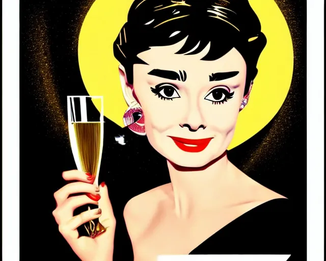 Image similar to teenage audrey hepburn in art deco style, champagne commercial, artstation, illustration, bright, cheerful, detailed and intricate environment