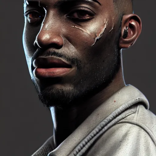 Prompt: portrait painting of a beautiful black man with blade scars and cropped hair wearing a tattered grey coat, ultra realistic, concept art, intricate details, eerie, highly detailed, photorealistic, octane render, 8 k, unreal engine. art by artgerm and greg rutkowski and charlie bowater and magali villeneuve and alphonse mucha