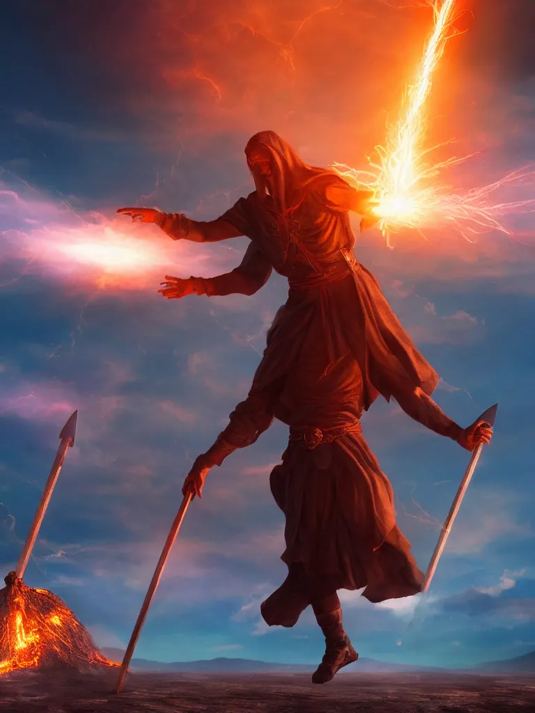 Image similar to levitating wizard wielding a spear, opening a shining portal, night sky, horizon of an erupting volcano, 4 k, ultra realistic, detailed, epic lighting, high detail, masterpiece, trending on artstation