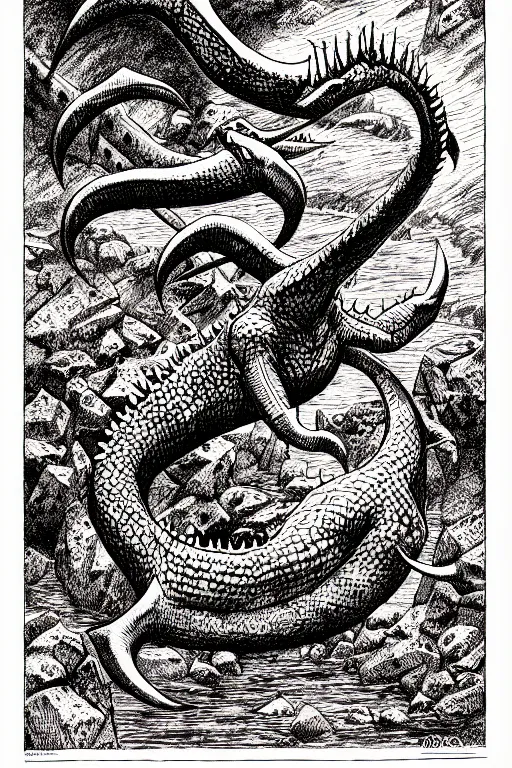 Image similar to ogopogo monster as a d & d monster illustration, full body, pen - and - ink illustration, etching, by russ nicholson, david a trampier, larry elmore, 1 9 8 1, hq scan, intricate details, inside stylized border