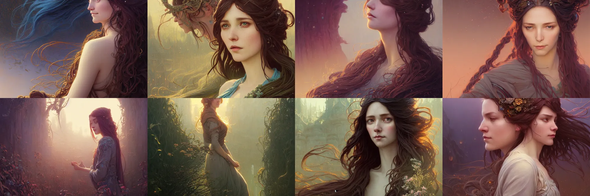 Image similar to highly detailed portrait of a woman with long hairs, stephen bliss, unreal engine, fantasy art by greg rutkowski, art nouveau, loish, rhads, ferdinand knab, makoto shinkai and lois van baarle, ilya kuvshinov, rossdraws, tom bagshaw, alphonse mucha, global illumination, radiant light, detailed and intricate environment