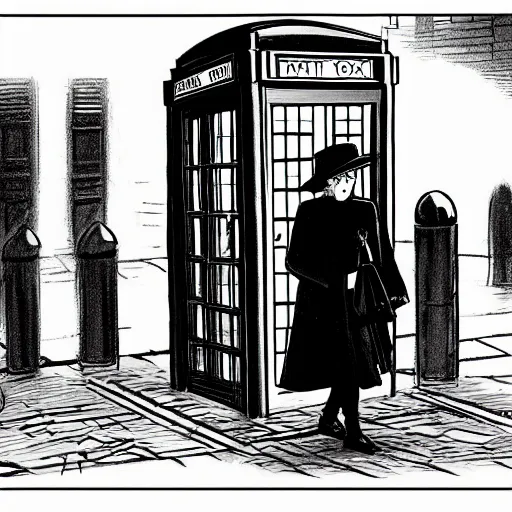 Prompt: Queen Elizabeth II walking out of the Tardis on a dark rainy London street, Ralph McQuarrie