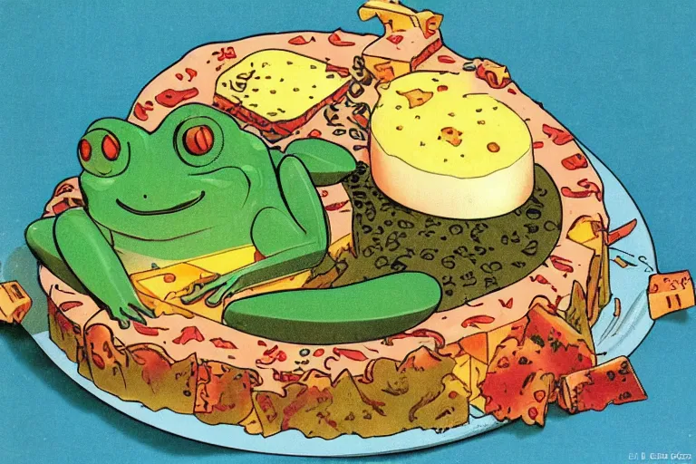 Prompt: anime frog and cheese aspic, cookbook photo 1 9 8 2,