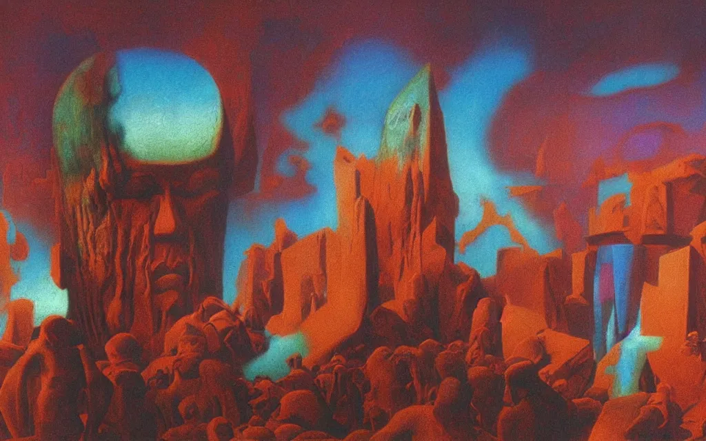 Image similar to colorized movie still from metropolis, oil painting by zdzisław beksinski, iridescent color palette chromatic aberration